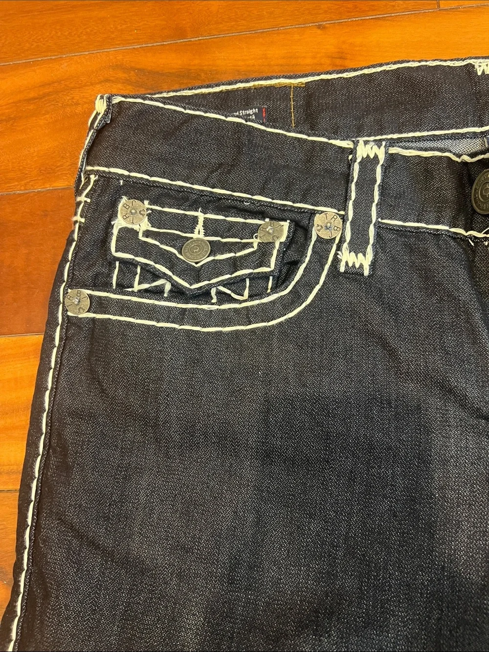 True Religion Rickey Straight  Blue Denim Jeans with White Contrast Stitching